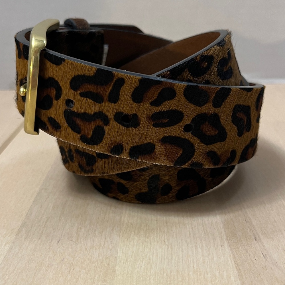 J. Crew Faux Fur Leopard Print Leather Belt w/ Gold Tone Buckle Women’s Medium - Picture 2 of 15